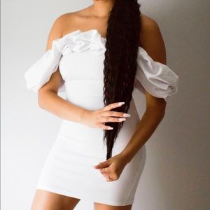 White Puffball Sleeve Bardot Mini Dress